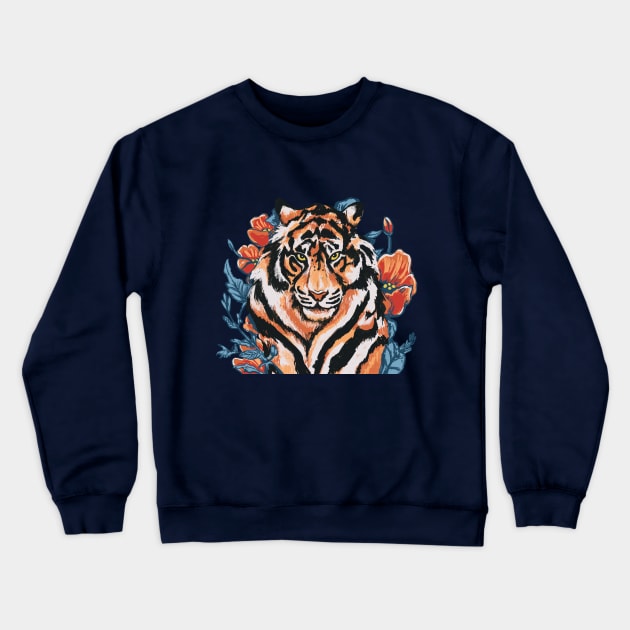 Tiger with Peonies by Cindy Rose Studio Crewneck Sweatshirt by cindyrosestudio